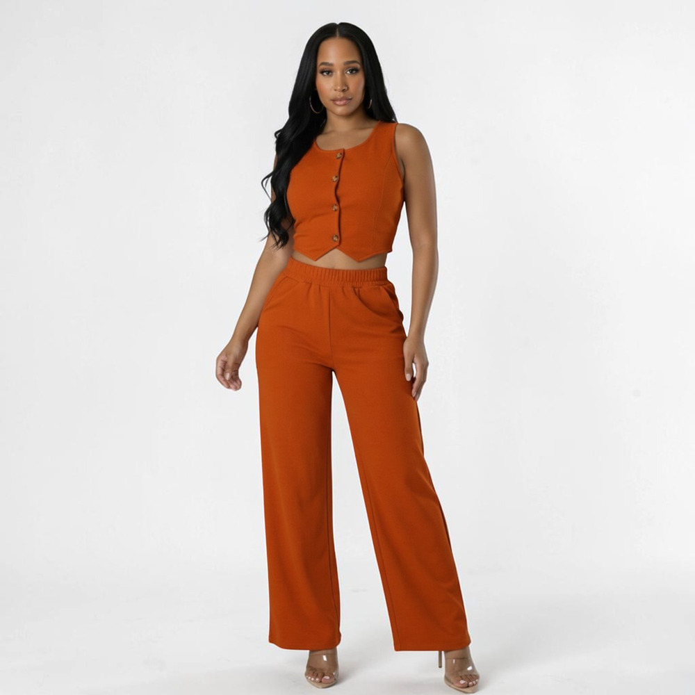 Rust Scoop Neck Vest & Wide Leg Pants Set